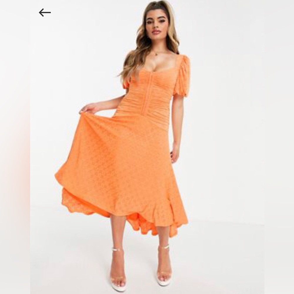 ASOS Design Puff Sleeve Ruched Eyelet Dress